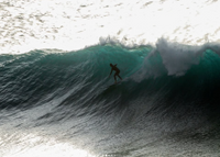 Matthew surfing a large wave on a diamond tail single fin.