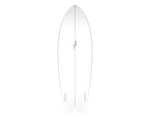 White surfboard with branding on a white background