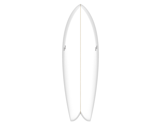 White surfboard deep swallow tail, beak nose and bevelled rails. Black mirrored Toxic Magic logos on rails;