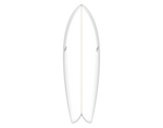 White surfboard deep swallow tail, beak nose and bevelled rails. Black mirrored Toxic Magic logos on rails;