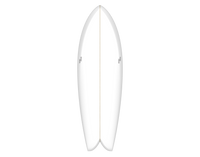 White surfboard deep swallow tail, beak nose and bevelled rails. Black mirrored Toxic Magic logos on rails;
