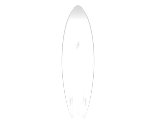 White twin fin surfboard with a subtle curved channel.