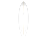 White twin fin surfboard with a subtle curved channel.