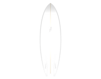 White twin fin surfboard with a subtle curved channel.