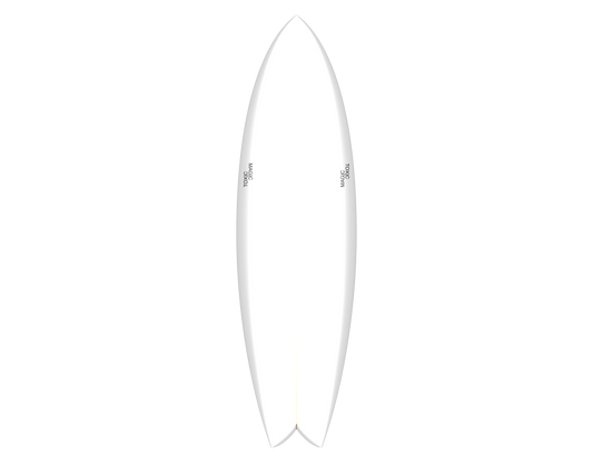 White surfboard with a shallow swallow tail and two mirrored logos near rails.
