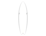 White surfboard with a shallow swallow tail and two mirrored logos near rails.