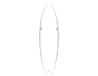 White surfboard with a shallow swallow tail and two mirrored logos near rails.