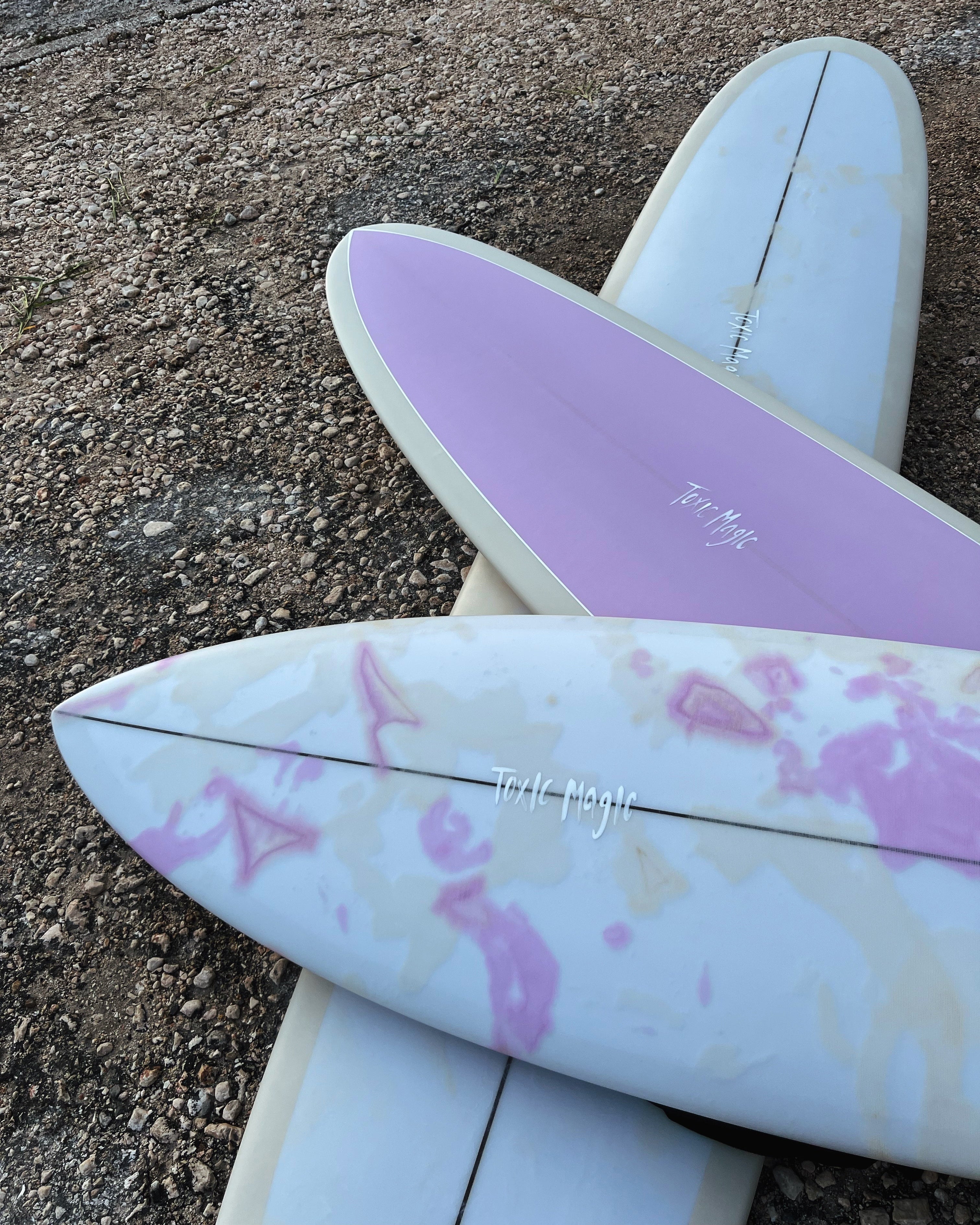 Hand painted white resin logos. Fibreglass stain camouflage, deck inlay and pin-lines, Resin swirl abstract deck.